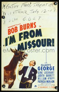 4s166 I'M FROM MISSOURI WC '39 wacky artwork image of Bob Burns in tuxedo leading donkey on rope!