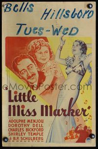 4s206 LITTLE MISS MARKER WC '34 great art of Shirley Temple riding piggy-back on Adolphe Menjou!