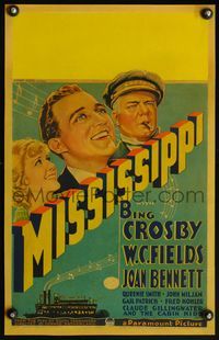 4s231 MISSISSIPPI WC '35 art of Bing Crosby, Joan Bennett, W.C. Fields with cigar & riverboat!