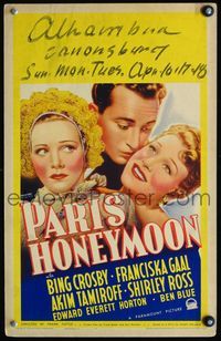 4s268 PARIS HONEYMOON WC '39 Bing Crosby between beautiful ladies Franciska Gaal & Shirley Ross!