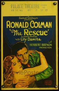 4s291 RESCUE WC '29 great stone litho of Ronald Colman holding beautiful Lily Damita!