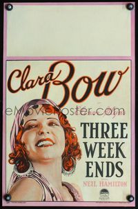 4s368 THREE WEEKENDS WC '28 wonderful head & shoulders art of pretty smiling red-haired Clara Bow!