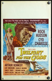 4s377 TWILIGHT FOR THE GODS WC '58 great artwork of Rock Hudson & sexy Cyd Charisse on beach!
