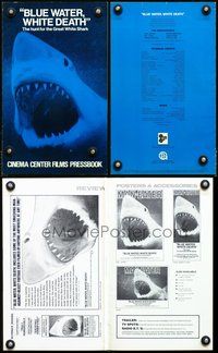 4t138 BLUE WATER, WHITE DEATH pressbook '71 super close image of great white shark with open mouth!