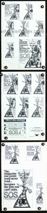 4t781 S.O.S. pressbook '75 x-rated sexploitation, wacky cartoon art, Screw on Screen!