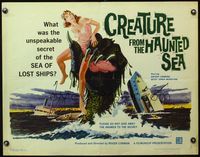 4v606 CREATURE FROM THE HAUNTED SEA 1/2sh '61 great art of monster's hand in sea grabbing sexy girl