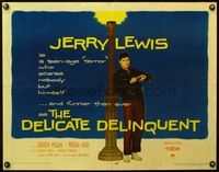 4v619 DELICATE DELINQUENT 1/2sh '57 wacky teen-age Jerry Lewis in leather leaning on light post!