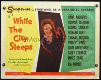 4v978 WHILE THE CITY SLEEPS style A 1/2sh '56 c/u of the Lipstick Killer's victim, Fritz Lang noir!