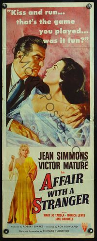 4w013 AFFAIR WITH A STRANGER insert '53 great art of Jean Simmons, Victor Mature & sexy bad girl!