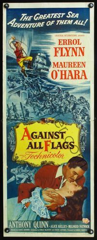 4w015 AGAINST ALL FLAGS insert '52 pirate Errol Flynn romances beautiful Maureen O'Hara!