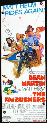 4w022 AMBUSHERS insert '67 art of Dean Martin as Matt Helm with sexy Slaygirls on motorcycle!