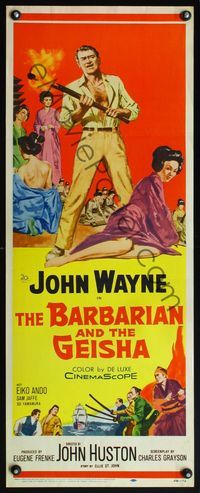 4w041 BARBARIAN & THE GEISHA insert '58 John Huston, art of John Wayne with torch & Eiko Ando!