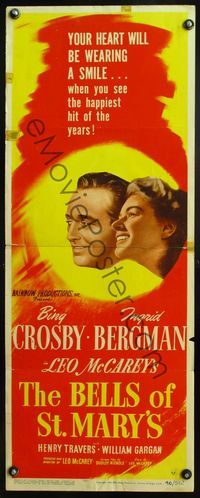 4w051 BELLS OF ST. MARY'S insert '46 art of pretty Ingrid Bergman & Bing Crosby!