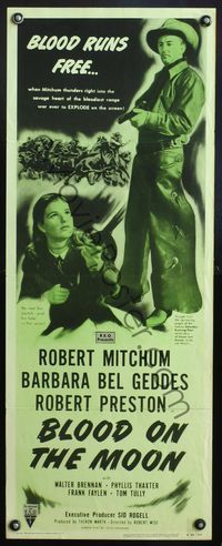 4w070 BLOOD ON THE MOON insert R53 cowboy Robert Mitchum pointing gun & Barbara Bel Geddes!
