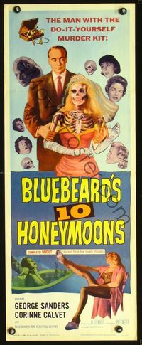 4w077 BLUEBEARD'S 10 HONEYMOONS insert '60 great wild image of George Sanders with skeleton bride!
