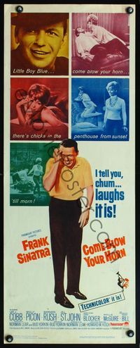 4w115 COME BLOW YOUR HORN insert '63 laughing Frank Sinatra, from Neil Simon's play!