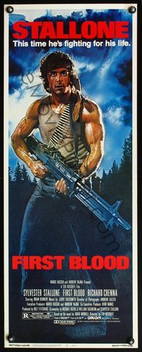 4w167 FIRST BLOOD insert '82 artwork of Sylvester Stallone as John Rambo by Drew Struzan!