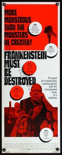 4w178 FRANKENSTEIN MUST BE DESTROYED insert '70 Peter Cushing is more monstrous than his monster!
