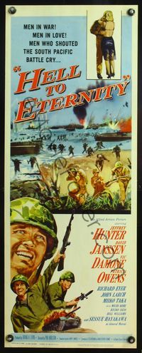 4w222 HELL TO ETERNITY insert '60 art of WWII soldier Jeffrey Hunter in battle & w/Patricia Owens!