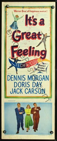 4w267 IT'S A GREAT FEELING insert '49 Doris Day, Dennis Morgan, & Jack Carson arm-in-arm!