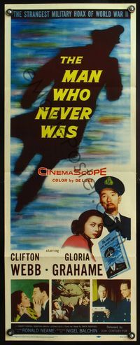 4w335 MAN WHO NEVER WAS insert '56 Clifton Webb, Gloria Grahame, strangest military hoax of WWII!