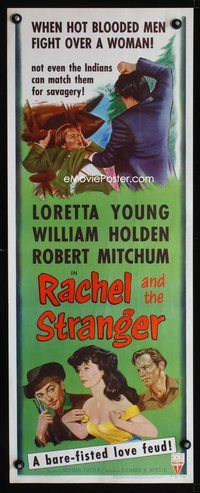 4w449 RACHEL & THE STRANGER insert R53 William Holden & Robert Mitchum fight over Loretta Young!