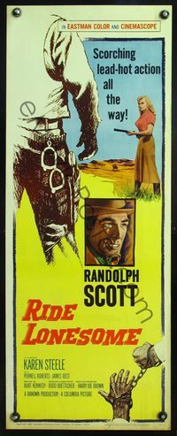 4w471 RIDE LONESOME insert '59 Randolph Scott, Budd Boetticher, Karen Steele w/gun!