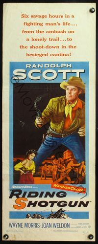 4w473 RIDING SHOTGUN insert '54 great artwork of cowboy Randolph Scott with smoking gun!