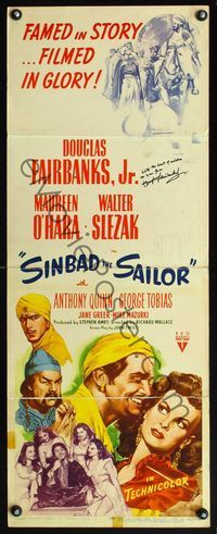 4w539 SINBAD THE SAILOR signed insert '46 by Douglas Fairbanks Jr., art with sexy Maureen O'Hara!