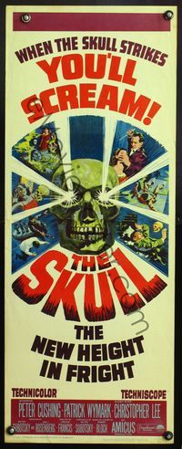 4w552 SKULL insert '65 Peter Cushing, Christopher Lee, cool horror artwork of creepy skull!