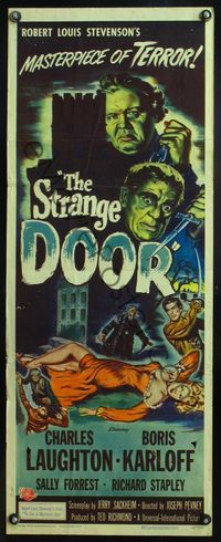 4w608 STRANGE DOOR insert '51 Smith art of Boris Karloff, Charles Laughton & sexy Sally Forrest!