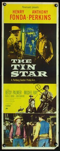 4w672 TIN STAR insert '57 Anthony Mann, close up of cowboys Henry Fonda & Anthony Perkins w/guns!