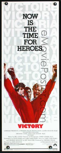 4w704 VICTORY insert '81 John Huston, art of soccer players Stallone, Caine & Pele by Jarvis!