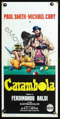 4w781 CARAMBOLA Italian locandina '73 wacky artwork of cowboys sitting at pool table!