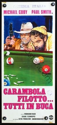 4w782 CARAMBOLA'S PHILOSOPHY: IN THE RIGHT POCKET Italian locandina '75 cowboys behind pool table!