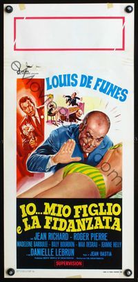 4w871 LES TORTILLARDS Italian locandina '68 wild art of Louis de Funes about to slap woman's bottom