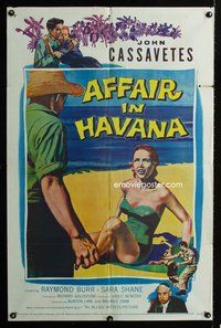 4x022 AFFAIR IN HAVANA 1sh '57 John Cassavetes in Cuba, art of Sara Shane in swimsuit on beach!