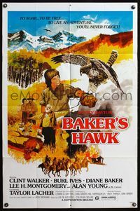 4x048 BAKER'S HAWK 1sh '76 artwork of Lee Montgomery with bird & Burl Ives by R. Alexander!