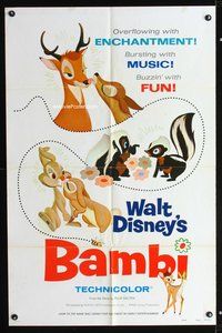 4x051 BAMBI style A 1sh R75 Walt Disney cartoon deer classic, great art of forest animals!