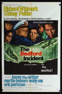 4x068 BEDFORD INCIDENT 1sh '65 Richard Widmark, Sidney Poitier, cool cast, ship & submarine art!