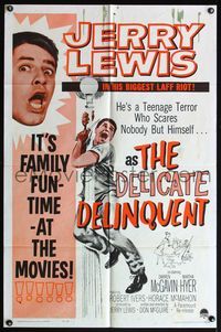 4x175 DELICATE DELINQUENT 1sh R62 wacky teen-age terror Jerry Lewis hanging from light post!