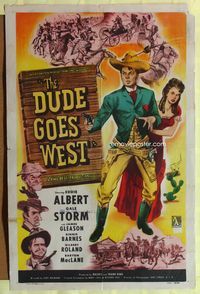 4x217 DUDE GOES WEST 1sh '48 wacky art of cowboy Eddie Albert protecting sexy Gale Storm!