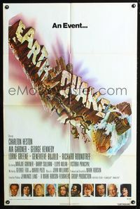 4x222 EARTHQUAKE 1sh '74 Charlton Heston, Ava Gardner, cool Joseph Smith disaster title art!