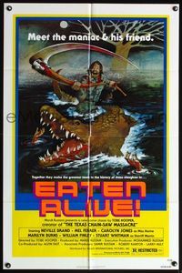 4x227 EATEN ALIVE 1sh '77 Tobe Hooper, wild horror artwork of madman w/scythe & alligator!