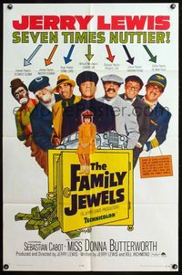 4x252 FAMILY JEWELS 1sh '65 Jerry Lewis is seven times nuttier in seven roles, wacky image!