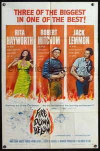 4x271 FIRE DOWN BELOW 1sh '57 full-length sexy Rita Hayworth, Robert Mitchum & Jack Lemmon!