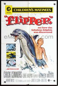 4x294 FLIPPER 1sh R70 Chuck Connors, cool art of Luke Halpin & the fabulous dolphin!