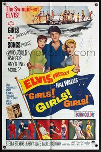 4x341 GIRLS GIRLS GIRLS 1sh '62 great image of swingin' Elvis Presley & boat full of sexy girls!