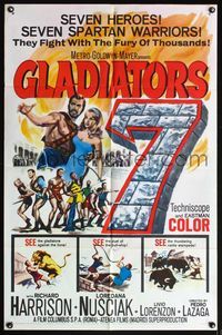 4x343 GLADIATORS SEVEN 1sh '63 art of 7 Spartan warriors fighting with the fury of thousands!