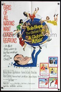 4x345 GLOBAL AFFAIR 1sh '64 great art of Bob Hope spinning Earth & sexy girls, Yvonne De Carlo!